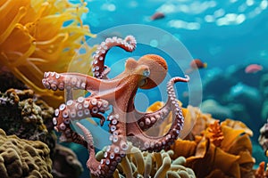 Octopus and coral reef in the sea