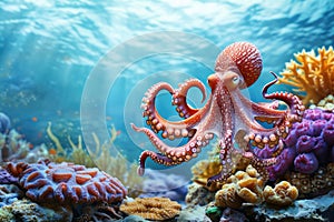 Octopus and coral reef in the sea