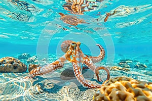 Octopus and coral reef in the sea