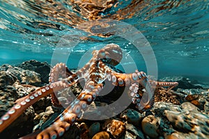 Octopus and coral reef in the sea