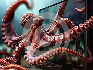 The octopus, a creature of intelligence and wonder, stretches its limbs towards a modern TV