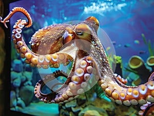 The octopus, a creature of intelligence and wonder, stretches its limbs towards a modern TV