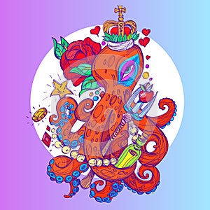 Octopus in the Crown with the red rose sketch of a tattoo. Illustration for design t-shirts and other items. Sea monster