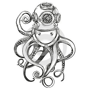 octopus in a diver helmet, old underwater diving helmet hand drawn vector illustration sketch photo