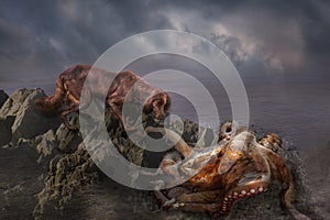 An octopus is eating a dog.manipulation photo of dog and otupus in the sea, fantasy