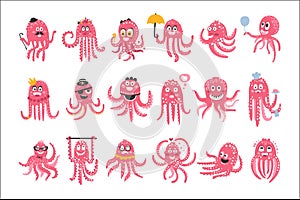 Octopus Emoticon Icons With Funny Cute Cartoon Marine Animal Characters In Different Disguises At The Party