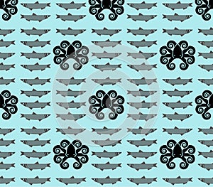 Octopus and fish pattern seamless. Nautical poulpe background. marine devilfish ornament. Ocean texture