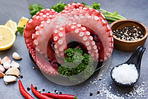 Octopus food salad vegetable with garlic lemon chili salt coriander parsley and pepper on black plate for boiled cooked seafood,