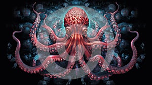 An octopus surrounded by underwater coral and debri.