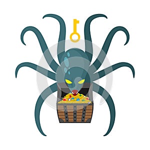 Octopus guarding pirate treasures . Gold chest kraken. Cthulhu a