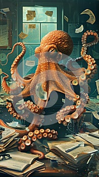 An octopus at the helm of a busy office smiling as it juggles tasks with its tentacles a symbol of ultimate assistance and