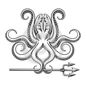 Octopus Holds Trident in Tentacles Engraving Illustration