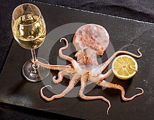 Octopus holds wine with lemon