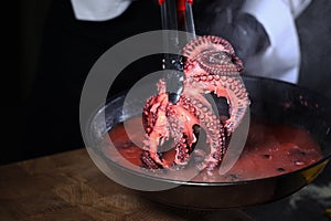Octopus on a hot garden. Cooking octopus in the kitchen. Seafood dishes.Protein food.