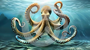 Octopus. Huge Kraken. Monster attacking ships in a storm