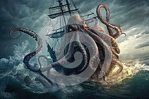 octopus kraken attacking fishing vessel, tentacles wrapping around the boat