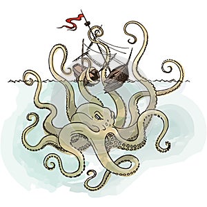 Octopus Kraken attacks the boat