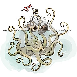 Octopus Kraken attacks the boat photo