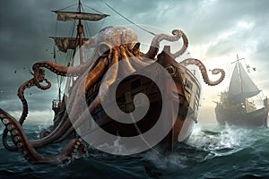 octopus kraken with its tentacles wrapped around sunken ship, wreaking havoc on crew