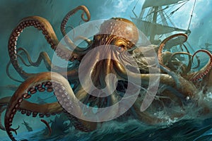 octopus kraken using tentacles to battle giant squid