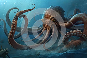 octopus kraken using tentacles to battle giant squid