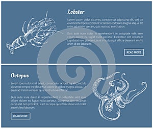 Octopus and Lobster Seafood Vector Vintage Icons