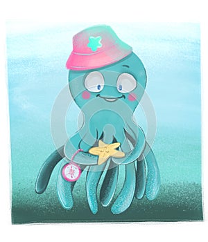 Octopus meets a starfish. Cute cartoon animals