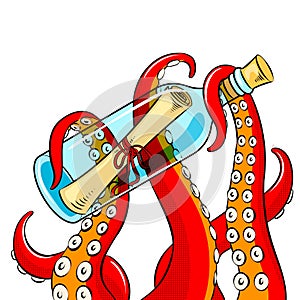 Octopus and message in bottle pop art vector