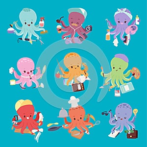 Octopus mollusk ocean coral reef animal character different pose like human and cartoon funny graphic marine life