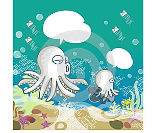 Octopus Mom&Son and colorful coral reef in the ocean - vector