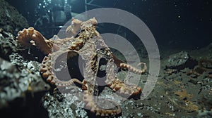 An octopus normally a master of camouflage is unable to hide from the bright lights and loud noises of a mining vessel