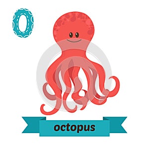 Octopus. O letter. Cute children animal alphabet in vector. Funny cartoon animals