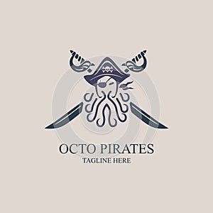 Octopus pirates captain sword logo vintage style design template vector for brand or company and other