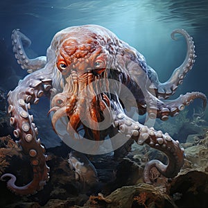 Octopus on a plain background, a terrifying animal with tentacles and suckers