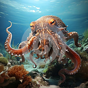 Octopus on a plain background, a terrifying animal with tentacles and suckers