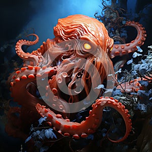 Octopus on a plain background, a terrifying animal with tentacles and suckers