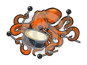 Octopus playing drum color sketch vector