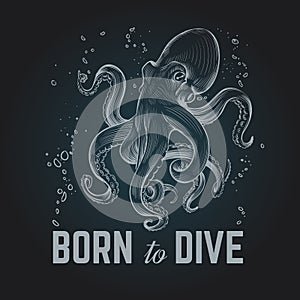Octopus poster. Born to dave vintage hand drawn chalk diving background. Octopus scuba retro vector illustration
