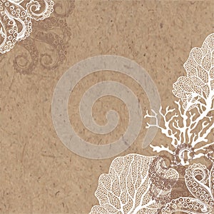 Octopus. Pre-made design with frame and place for text on kraft paper. Vector layout decorative card or invitation design