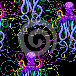 Octopus Psychedelic Luminescence Seamless Pattern Vector Design