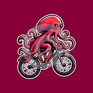 octopus Riding bicycle illustration , Mascot illustration of huge violet octopus riding bicycle