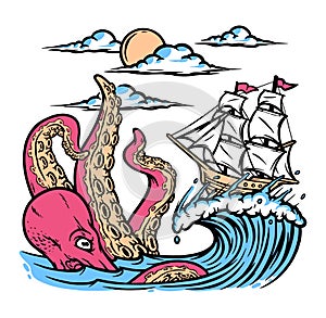 Octopus and sailing ship illustration