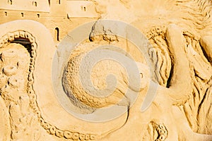 Octopus Sand Sculpture On Peniscola Beach Resort At Mediterranean Sea