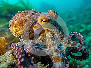 Octopus in the sea on corals