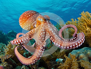 Octopus in the sea on corals