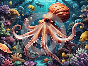 Octopus and Sea world dwellers. marine wallpaper.