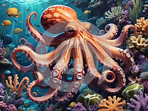 Octopus and Sea world dwellers. marine wallpaper.