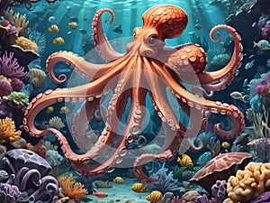 Octopus and Sea world dwellers. marine wallpaper. photo