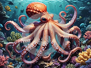 Octopus and Sea world dwellers. marine wallpaper. photo