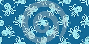 Octopus seamless pattern. Doodle hand drawn editable sea illustration. Blue marine cartoon octopod endless background